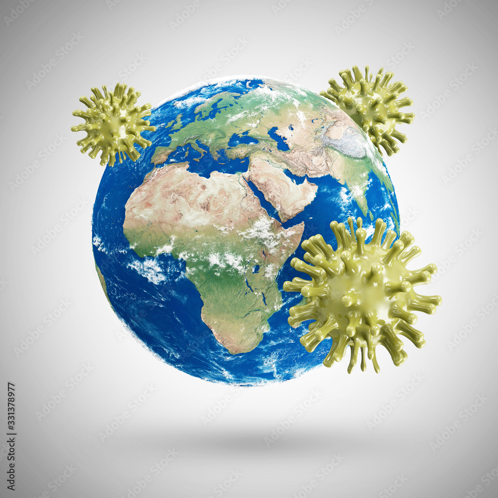 Virus Cell attacks Planet. Dangerous virus COVID-19 or Coronavirus global pandemic concept on gradient background.