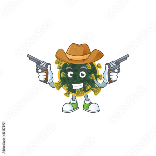 Cool cowboy cartoon design of new coronavirus holding guns
