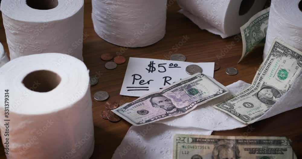 Toilet paper is sold for five dollars (5.00) a roll (US Currency