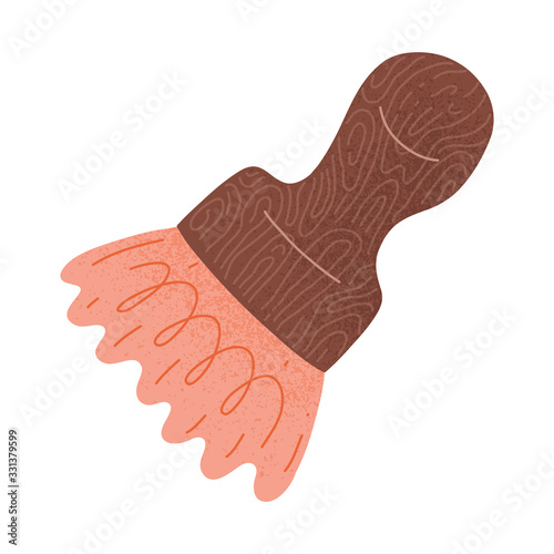 Shaving brush, barber shop tool with wooden handle, vector illustration isolated on white background, natural bristle brush for foam and grooming beard and mustache and whiskers