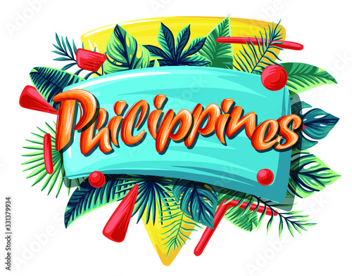 Philippines Advertising emblem with type design and tropical flowers and plants