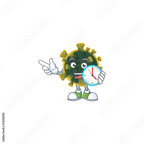 cartoon character style of cheerful new coronavirus with clock