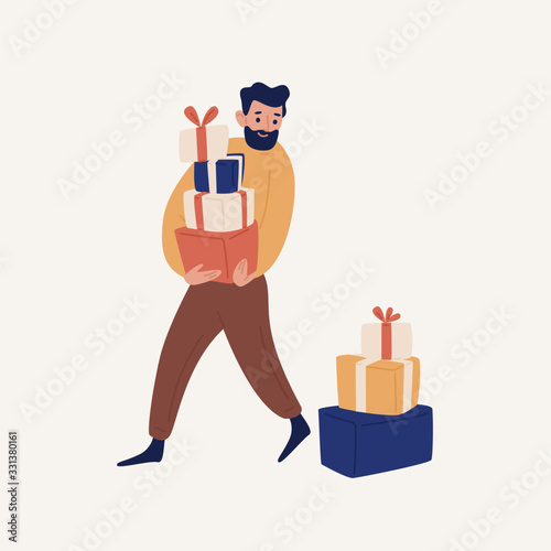 Funny cartoon bearded man carrying heap of gift box vector flat illustration