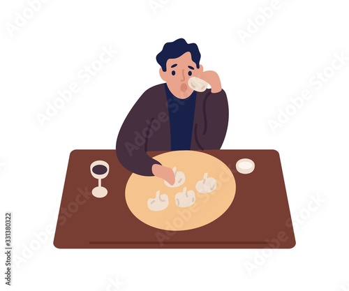 Cartoon male eat khinkali and drink wine sitting at table vector flat illustration