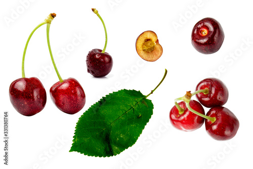 Fototapeta Naklejka Na Ścianę i Meble -  Set of cherry berries and leaf isolate on a white background
