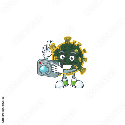 New coronavirus mascot design as a professional photographer with a camera