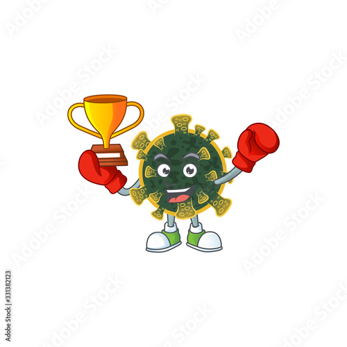 Happy face of boxing winner new coronavirus in mascot design style