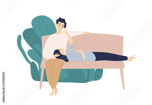 Cartoon couple spending time together hug on bench outdoors isolated on white