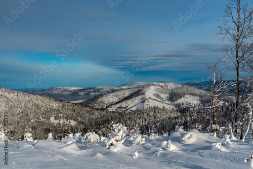 winter mountain scenery with blue sky and clouds