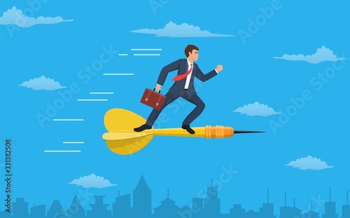 Businessman standing on darts flying go to target goal. Vector illustration in flat style