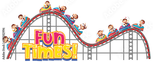 Font design for word fun times with happy monkeys riding roller coaster