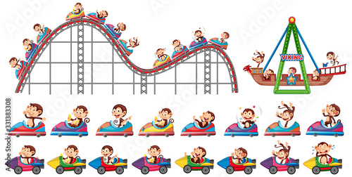 Set of monkeys riding on different rides in the circus
