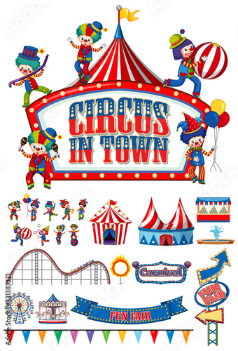 Large set of circus clowns and rides on white background