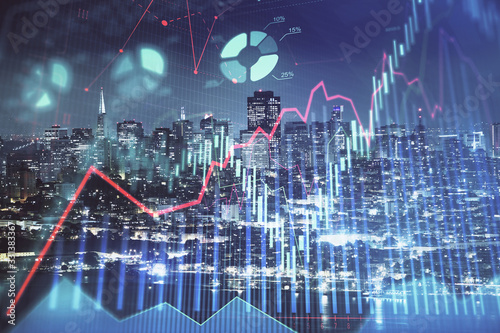 Financial graph on night city scape with tall buildings background double exposure. Analysis concept.