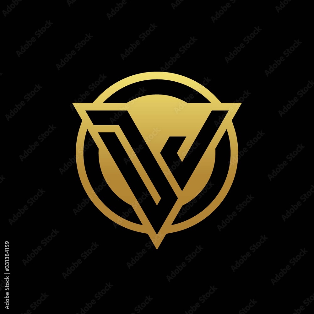 DJ logo monogram with triangle shape and circle rounded isolated on gold colors DJ logo monogram with triangle shape and circle rounded isolated on gold colors