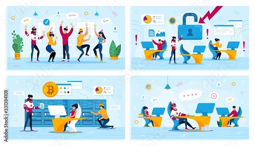 Corporate Party, Network Security, Bitcoin Trading, Employees Motivation Trendy Flat Vector Concepts Set. Dancing Coworkers, Employees in Panic, Miners Team, Procrastinating Programmer Illustration