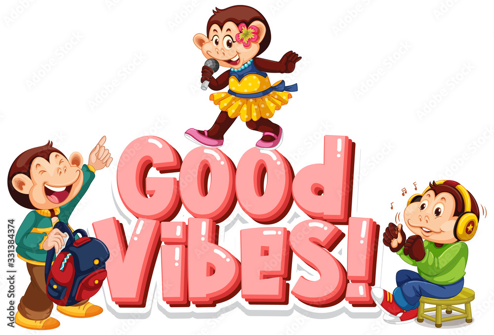 Font design for word good vibes with cute monkeys