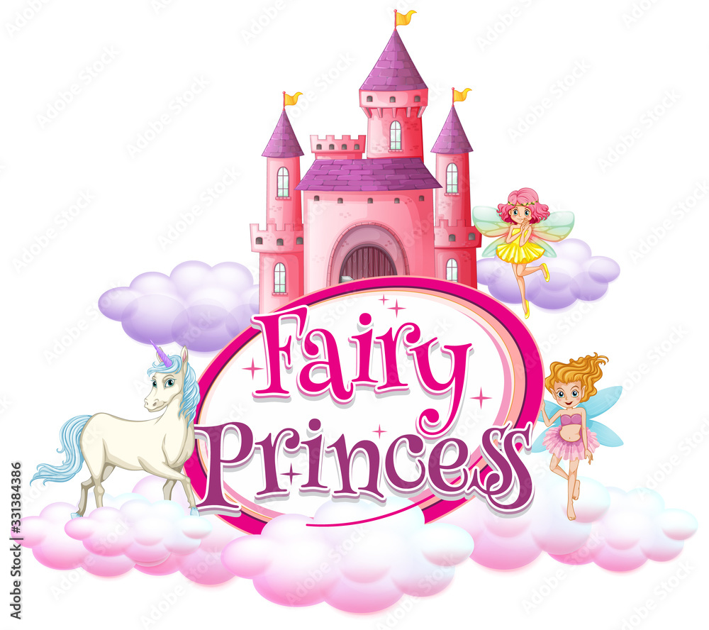 Font design for word fairy princess with fairies flying in sky