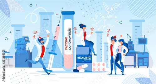 Happy Doctor Scientist Researcher Rejoicing Healing Coronavirus Vaccine Development and Discover. Laboratory Equipment. Pills and Medicines for Covid19 Destruction. Global Pandemic Problem Solution