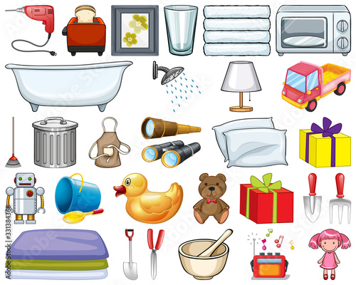 Large set of household items and many toys on white background