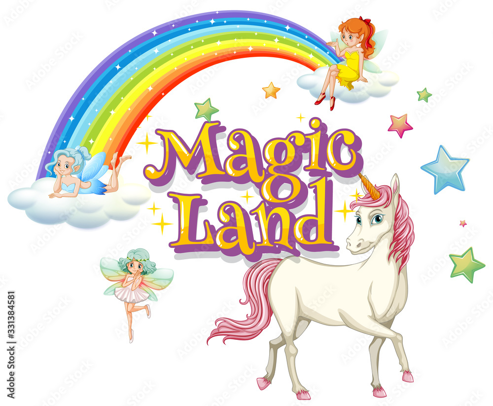 Font design for word magic land with unicorn and fairies Font design for word magic land with unicorn and fairies
