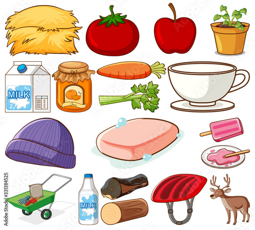 Large set of different food and other items on white background
