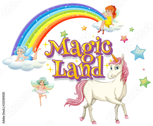 Font design for word magic land with unicorn and fairies