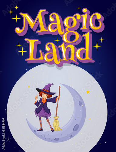 Font design for word magic land with witch flying on magic broom