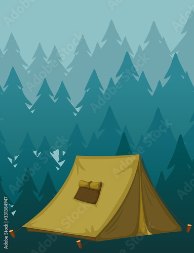 Scene background with tent in the dark forest
