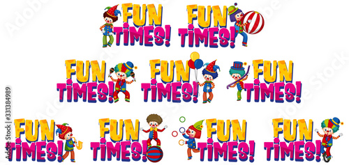 Set of word design for fun times with happy clowns