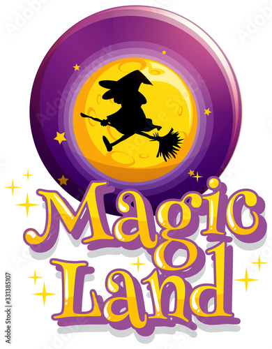 Font design for word magic land with witch flying
