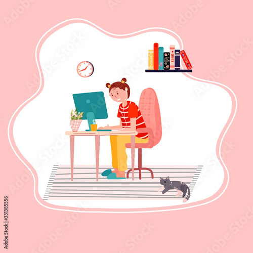 Online education. Distance study at school. Student is sitting at home and learning using computer. E-learning vector flat illustration. Girl is listening webinar with earphones.