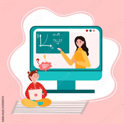 Online education. Distance study at school. Student sit home and study in digital course. Teacher is teaching in the computer monitor. Girl is listening teacher using laptop.