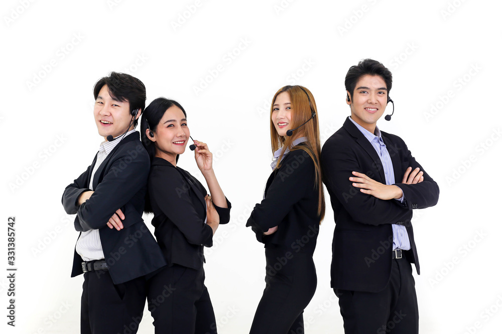 Asia Group of call center workers or Confident business team with headset standing on white background. Asia Group of call center workers or Confident business team with headset standing on white background.