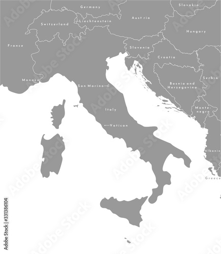 Vector modern illustration. Simplified grey map of Italy in the centre and borders with neighboring european countries. White background and outlines.