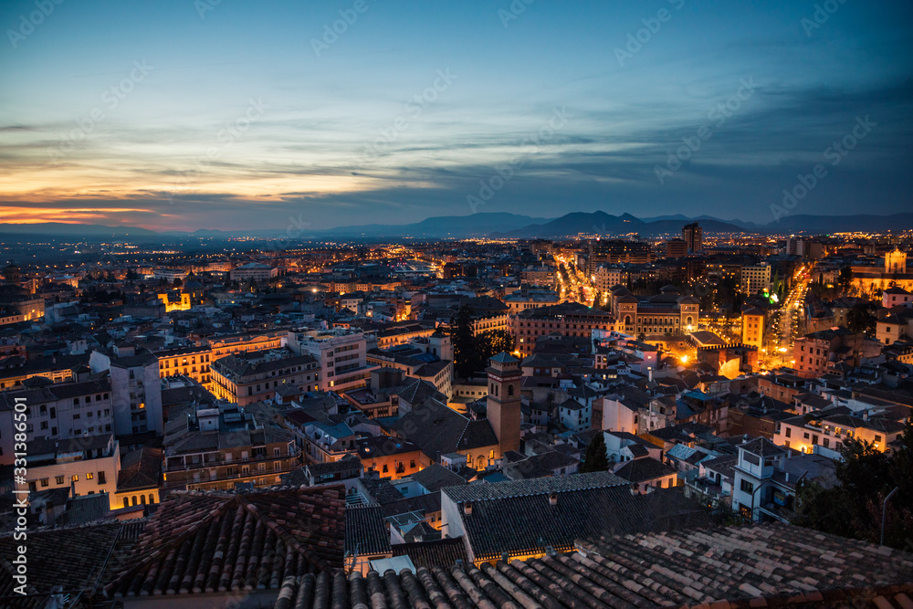 Panoramic photo of the sunset over Granada, Spain
