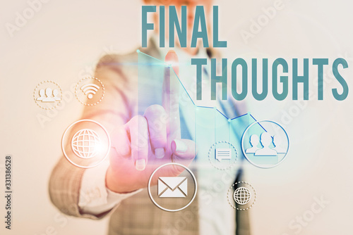 Text sign showing Final Thoughts. Business photo text should be last few sentences within your conclusions photo