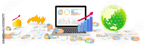 ノートパソコンとグローバルネットワーク・グラフ資料-3D立体白背景