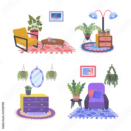 House plants in pots in living room interior isolated on white home garden fl...