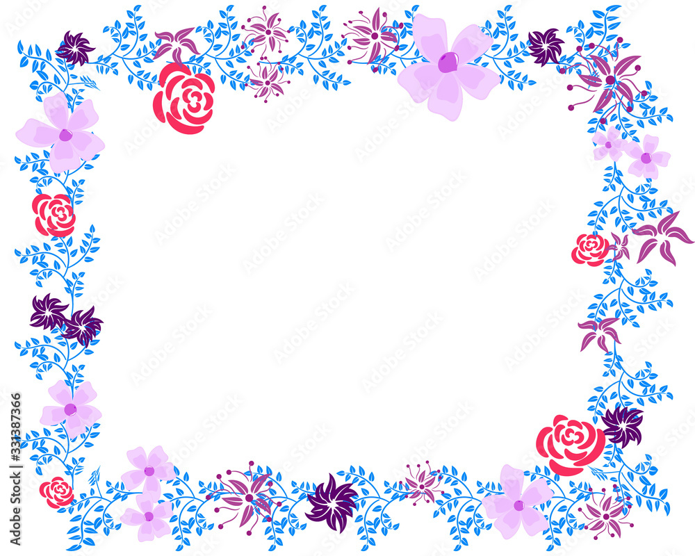 frame with flowers with blue abstract foliage roses and asters