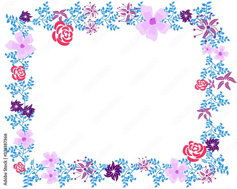 frame with flowers with blue abstract foliage roses and asters frame with flowers with blue abstract foliage roses and asters
