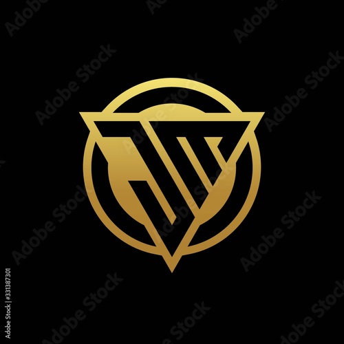JM logo monogram with triangle shape and circle rounded isolated on gold colors
