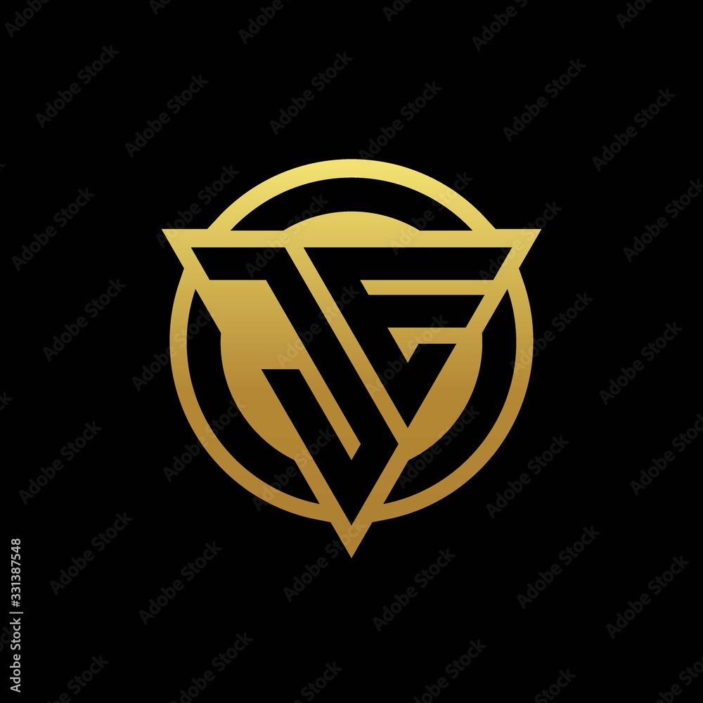 JE logo monogram with triangle shape and circle rounded isolated on gold colors JE logo monogram with triangle shape and circle rounded isolated on gold colors