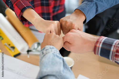 startup man woman joining united hand, business team touching hands together. unity teamwork partnership concept. © 88studio