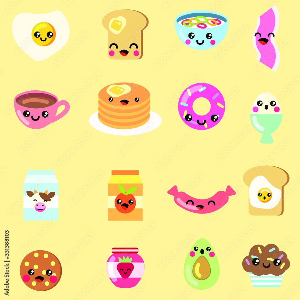 Breakfast food vector illustration set. Kawaii breakfast. Cute food icons. Cute menu design. Toast, eggs, juice/milk, pankaces, bacon, etc. Collection of 16 different pieces. Breakfast food vector illustration set. Kawaii breakfast. Cute food icons. Cute menu design. Toast, eggs, juice/milk, pankaces, bacon, etc. Collection of 16 different pieces.