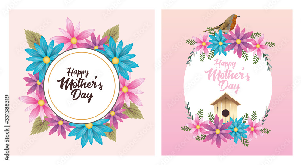 happy mothers day card with bird and housebird floral frame