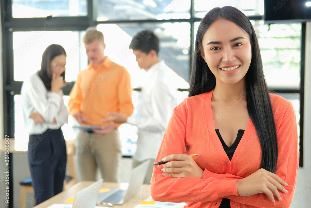 business people discussing on performance revenue in meeting. businesswoman working with businessman. business people discussing on performance revenue in meeting. businesswoman working with businessman.