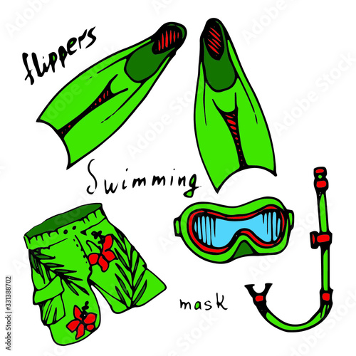 Swimming flippers and mask on a white isolated background