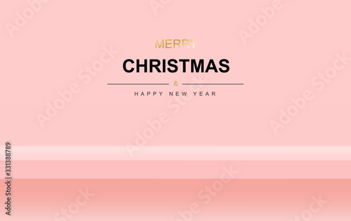 Holiday banner Merry Christmas and Happy New Year.Creative modern minimal Xmas background with realistic festive objects For past gift box stand on shelf podium.Winter season composition wallpaper