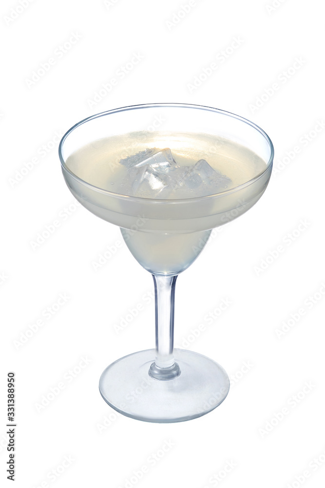 Daiquiri cocktail with ice cubes is contained in a margarita glass. The showy illustrative picture is made on the white background. Daiquiri cocktail with ice cubes is contained in a margarita glass. The showy illustrative picture is made on the white background.